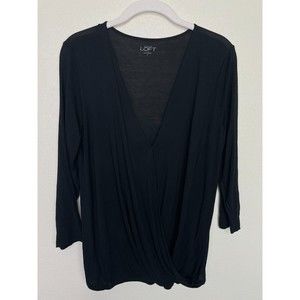 Ann Taylor LOFT Small Wrap Front Blouse Black V-Neck Drape 3/4 Sleeve Stretch